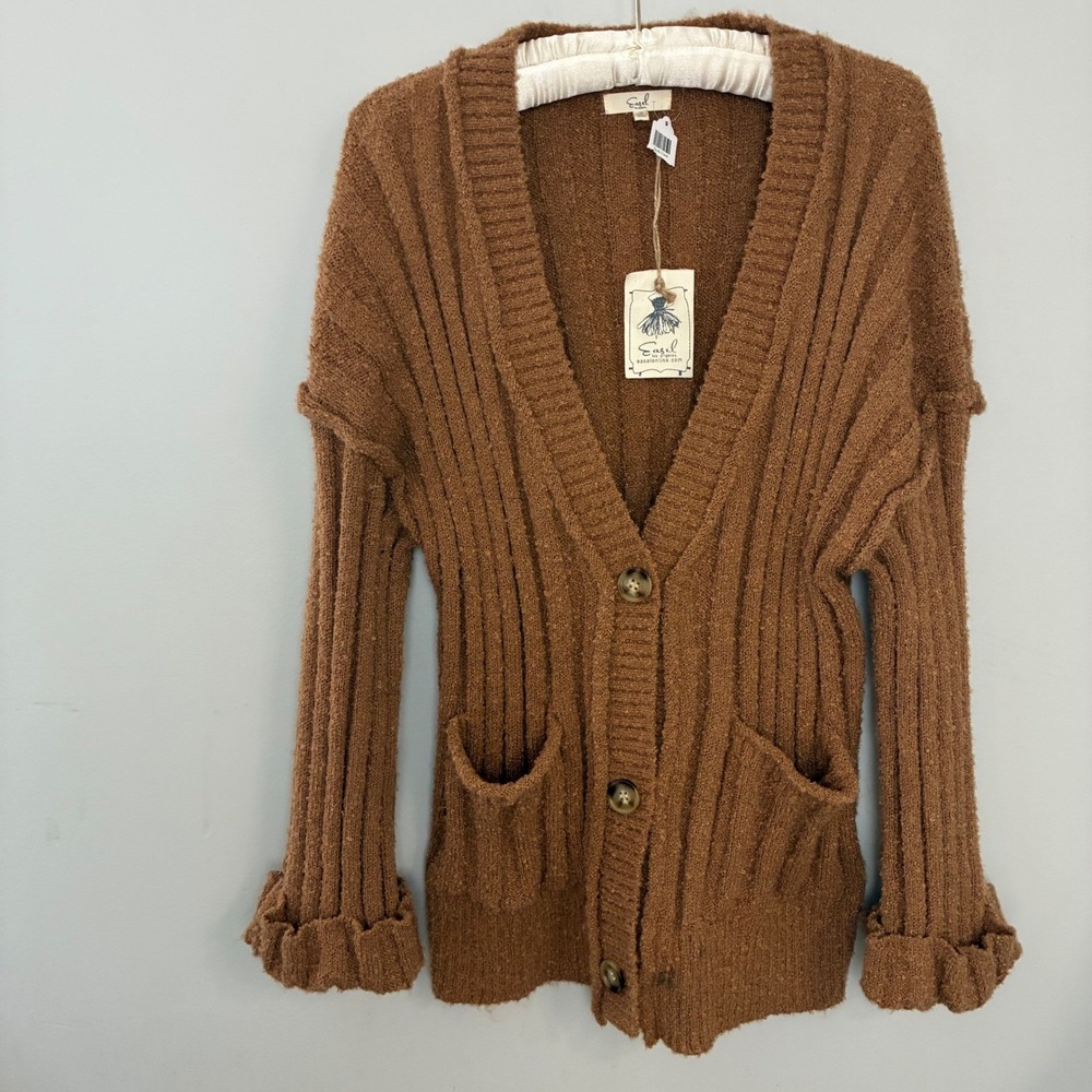 Easel Ribbed Knit Cardigan Chunky Oversized Brown Women's Small NWT Boho - Picture 3 of 10